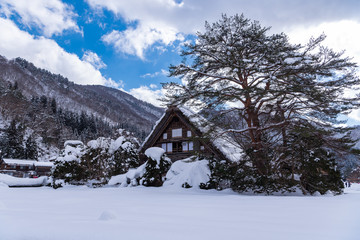 Gassho-zukuri house and historic village in Shirakawa go, winter in Japan.