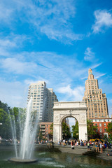 Obraz premium People cool off on a hot summer day at the Washington Square Park fountain, which was moved in 2009 to better align with the arch.