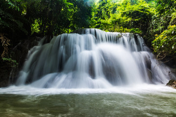 Huai Mae Kamin Waterfall in the rainy season at the tropical forest of Kanchanaburi National Park, Thailand