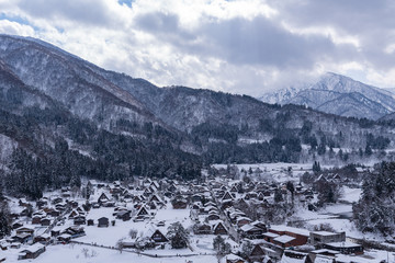 Overlooking view of the village Shirakawa go in Japan, the world heritage in winter.