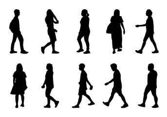 Silhouette men and women walking on white background, Black people lifestyle vector collection