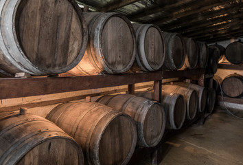 Wooden barrels with Cachaca in a destillery