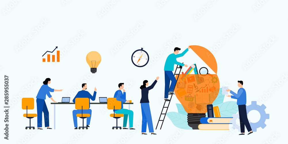 Aufkleber group business team meeting and brainstorming idea with creative lightbulb concept