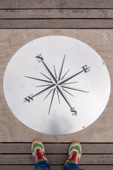 man feet standing in front of a compass sign