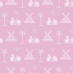 Fototapeta na wymiar Seamless pattern with windmill, bicycle, lantern.