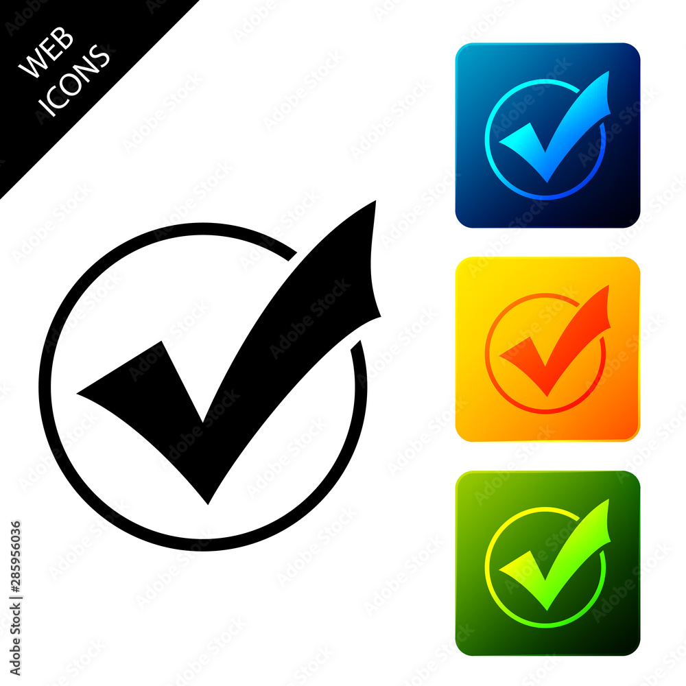 Poster check mark in round icon isolated on white background. check list button sign. set icons colorful sq