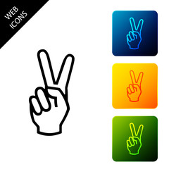 Hand showing two finger icon isolated on white background. Victory hand sign. Set icons colorful square buttons. Vector Illustration