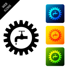 Gearwheel with tap icon isolated on white background. Plumbing work symbol. Set icons colorful square buttons. Vector Illustration