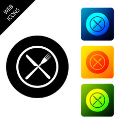 Crossed fork and knife on plate icon isolated on white background. Restaurant symbol. Set icons colorful square buttons. Vector Illustration