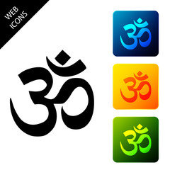 Om or Aum Indian sacred sound icon. Symbol of Buddhism and Hinduism religions. The symbol of the divine triad of Brahma, Vishnu and Shiva. Set icons colorful square buttons. Vector Illustration