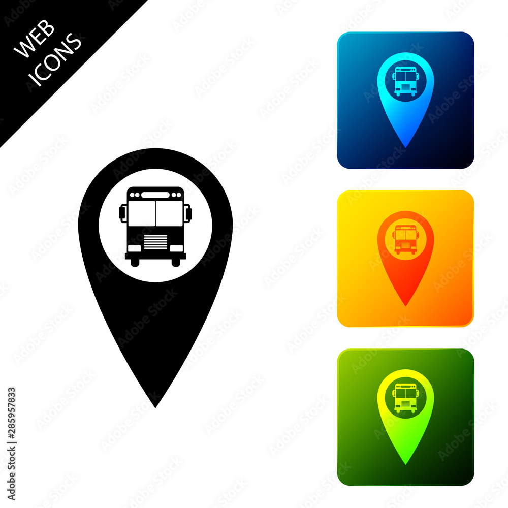 Poster map pointer with bus icon isolated on white background. set icons colorful square buttons. vector il