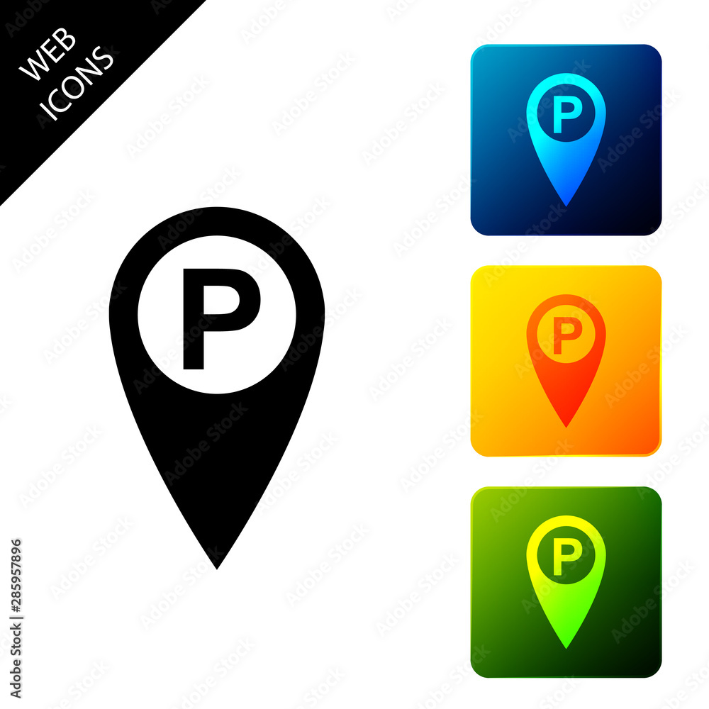 Poster map pointer with car parking icon isolated on white background. set icons colorful square buttons. v