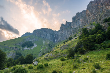 Beautiful waterfall in Bulgaria at sunset.