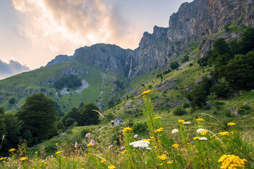Beautiful waterfall in Bulgaria at sunset.