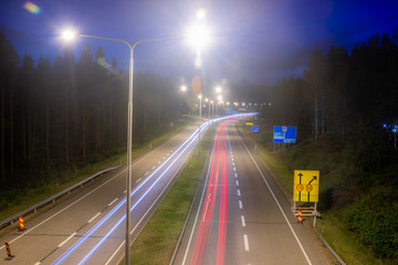Kouvola, Finland - 24 August 2019: Long exposure photo. Night road in Kouvola, Finland