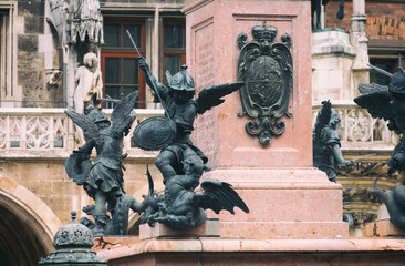Sculpture Battle with the Dragon on Marienplatz in Munich.