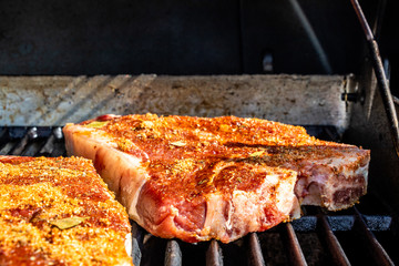 T-bone steaks with home made seasoning on the grill. Calgary, Alberta, Canada