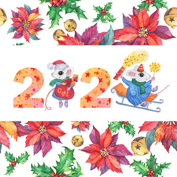 Inscription 2020 with a white cute little mouse in winter clothes. New Year greeting card with Christmas tree, holly, poinsettia. Cartoon watercolor hand drawn painting illustration, isolated.