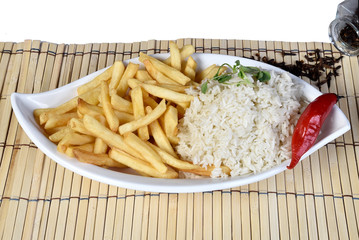 rice and fried potato isolated background