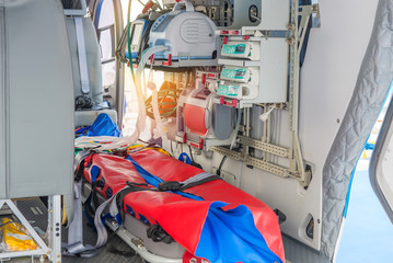 inside of medical helicopter with emergency life support equipment