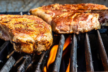 T-bone steaks with home made seasoning on the grill. Calgary, Alberta, Canada