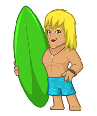 Surfer with a board in blue shorts