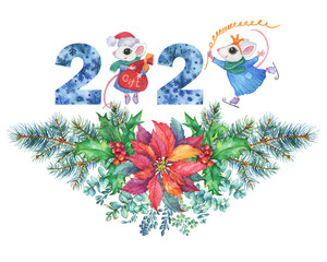 New Year garland with a Christmas tree, eucalyptus, holly, poinsettia. Inscription 2020 with a white cute little mouse in winter clothes. Cartoon watercolor hand drawn painting illustration, isolated.