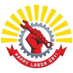 Obraz premium Happy labor day poster. A clenched fist with wrench on the background of gear wheel and the motto of ribbon with congratulation. Illustration, vector