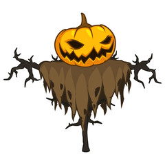 Cartoon pumpkin scarecrow in rags of clothes