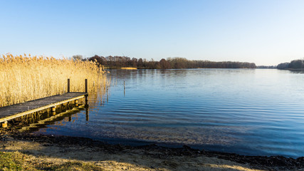Landschaft mit Steg und Schilfgras an einem See