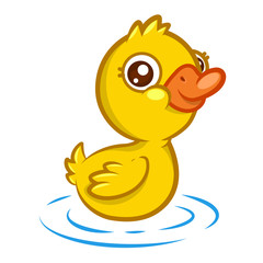 Cute little yellow duckling with a smile swims
