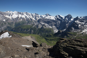 Amazing view of Swiss Alps, Jungfrau mountain range from schilthorn, Murren, Switzerland.