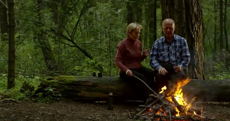 aged married couple are resting together in forest, looking on flaming fire