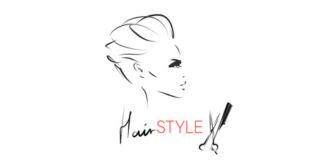 Young stylish woman with hair style. Beautiful girl face, profile. Hand-drawn and calligraphic design elements on the theme of beauty and hairdressing. Vector