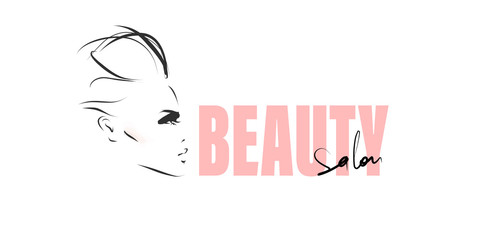 Beauty salon card. Young stylish woman with hair style. Beautiful girl face, profile. Hand-drawn and calligraphic design elements on the theme of beauty. Vector