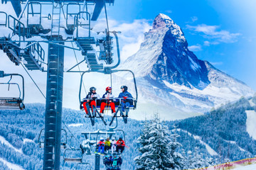 amazing beautiful view of Gornergrat, Zermatt, Matterhorn ski resort in Switzerland with cable chairlift transport - obrazy, fototapety, plakaty