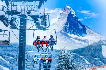 Fotobehang amazing beautiful view of Gornergrat, Zermatt, Matterhorn ski resort in Switzerland with cable chairlift transport © Angelov