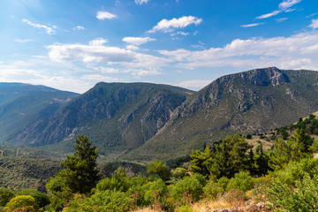 Beautiful panoramic view to greek landscape, valley of Phosis and Parnassus mountain near ruins of ancient Delphi, Greece