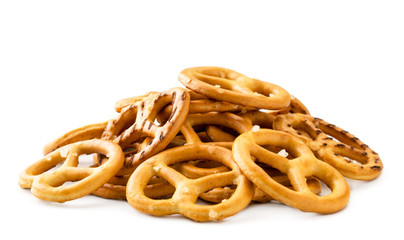 Pile of mini pretzels close-up on a white background. Isolated