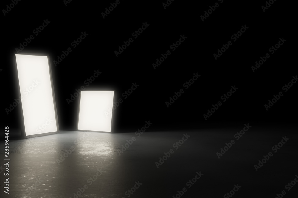 Poster two warm glowing rectangular light objects on shiny modern industrial concrete floor in dark room wi