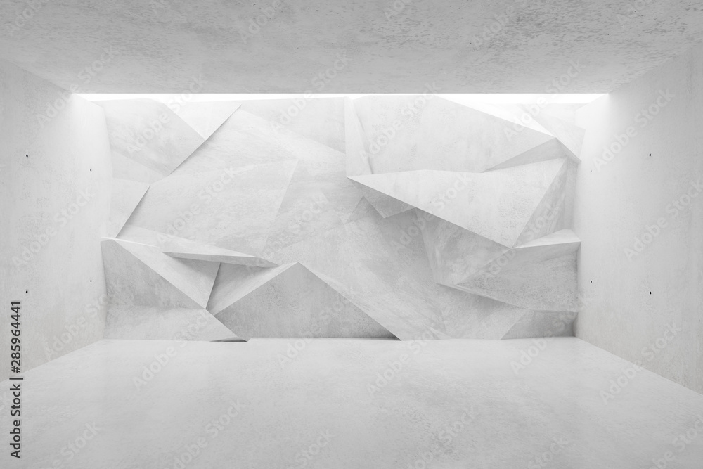 Poster white concrete empty room with polygonal triangle abstract backwall lit from above - gallery or prod