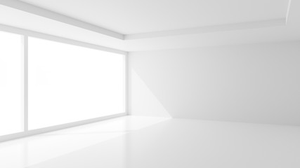 Open modern white room with large windows and soft light - interior, gallery or product showcase template, 3D illustration