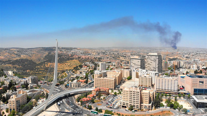 Jerusalem main entrance with Chords Bridge Aerial view Flying over Jerusalem entrance with Chords...