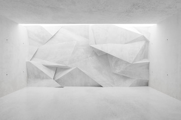 White concrete empty room with polygonal triangle abstract backwall lit from above - gallery or product showcase template, 3D illustration