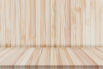 Perspective empty bamboo wooden table background and texture for montage products display or design layout or showcase
