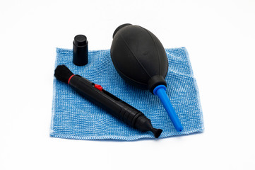 Set for cleaning glasses and mirrors for the camera on a white background.