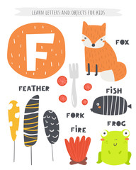 F letter objects and animals including fox, feather, fish, fork, fire, frog. Learn english alphabet, letters, words