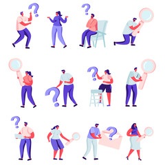 Naklejka premium Set of flat people who are looking for something characters. Bundle cartoon people in various poses with question marks on white background. Vector illustration in flat modern style.