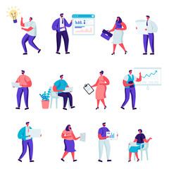 Fototapeta na wymiar Set of flat business office people characters. Bundle cartoon people in various poses, graphs, data analysis on white background. Vector illustration in flat modern style.