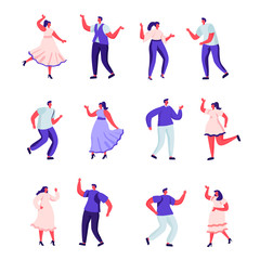 Set of flat people dance at a party characters. Bundle cartoon people on holiday have fun and dance on white background. Vector illustration in flat modern style.